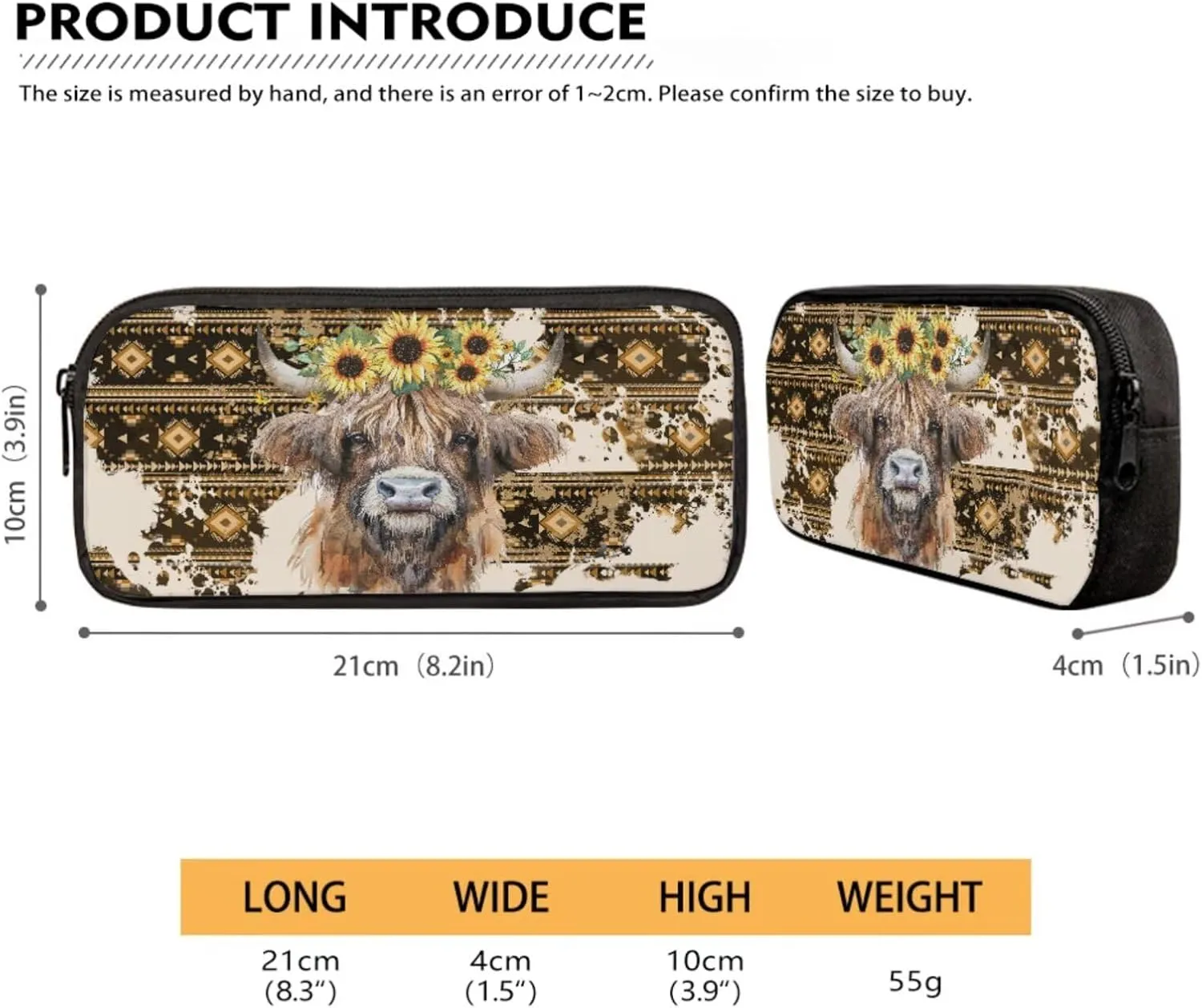 Aztec Cattle Sunflower Pattern 4Pcs Children Schoolbag Set Large Capacity Backpack with Lunch Box Pencil Pouch and Water Bottle Holder Bag for Teens Boys Girls Bookbag Set