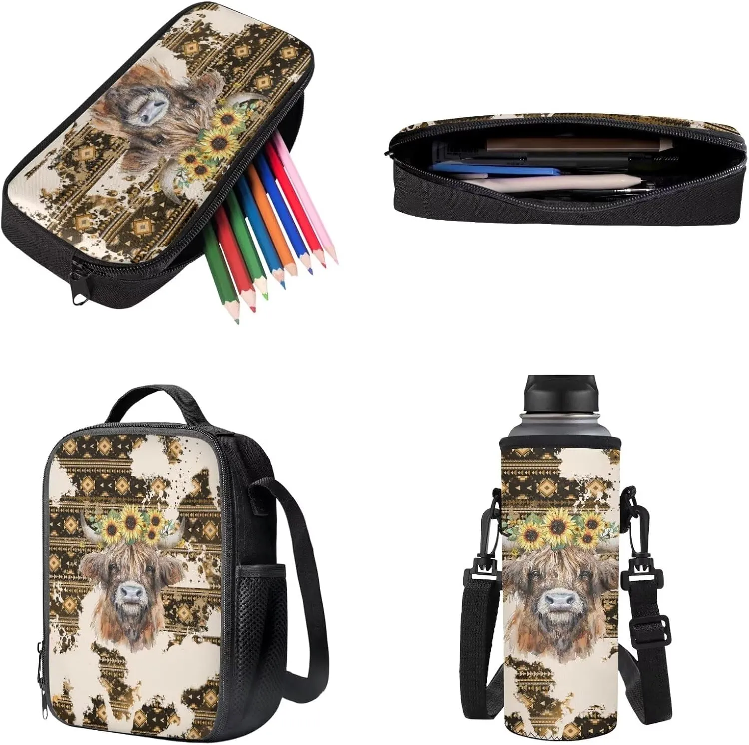 Aztec Cattle Sunflower Pattern 4Pcs Children Schoolbag Set Large Capacity Backpack with Lunch Box Pencil Pouch and Water Bottle Holder Bag for Teens Boys Girls Bookbag Set