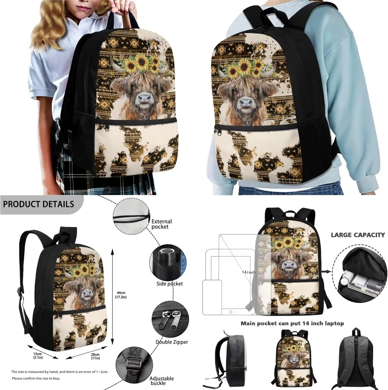 Aztec Cattle Sunflower Pattern 4Pcs Children Schoolbag Set Large Capacity Backpack with Lunch Box Pencil Pouch and Water Bottle Holder Bag for Teens Boys Girls Bookbag Set