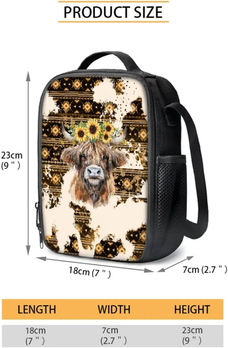 Aztec Cattle Sunflower Pattern 4Pcs Children Schoolbag Set Large Capacity Backpack with Lunch Box Pencil Pouch and Water Bottle Holder Bag for Teens Boys Girls Bookbag Set