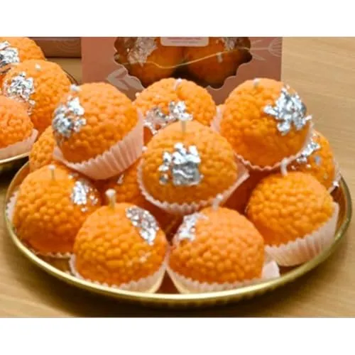 BAASARN Candless Motichoor Ladoo Scented Candle | 100% Soy Wax, Hand Poured Decorative Scented Candle | Festive Gifting and Home Decoration Laddu-Shaped Candles (Pack of 12, Pink Lotus)