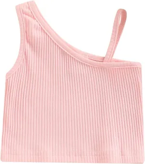 Baby Girls Ribbed Tank Crop Tops, Solid Color One Shoulder Sleeveless Cami Vest Skinny Fit Summer Clothing 2-7 Years