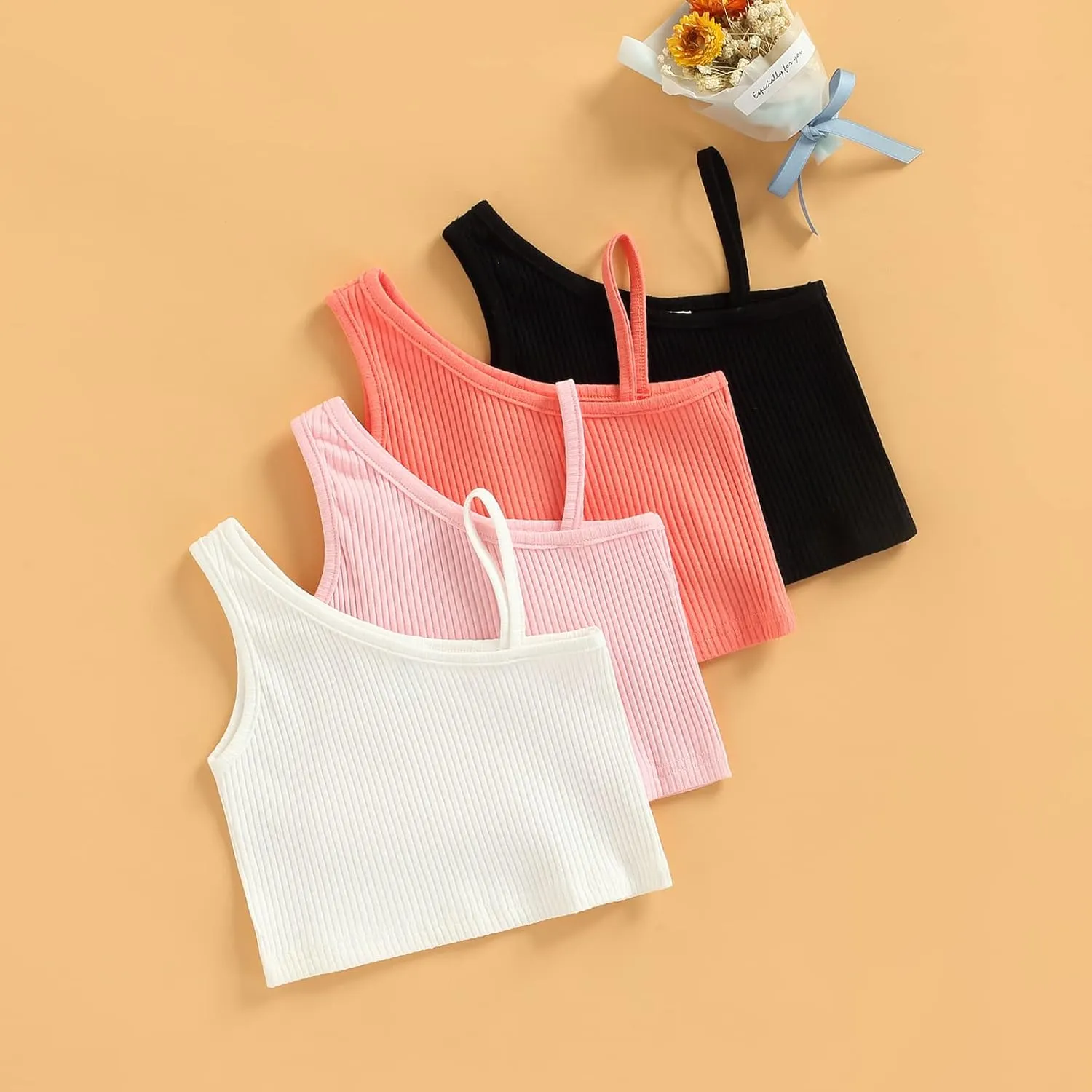 Baby Girls Ribbed Tank Crop Tops, Solid Color One Shoulder Sleeveless Cami Vest Skinny Fit Summer Clothing 2-7 Years