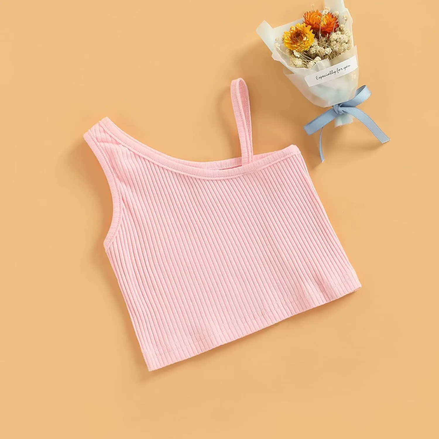 Baby Girls Ribbed Tank Crop Tops, Solid Color One Shoulder Sleeveless Cami Vest Skinny Fit Summer Clothing 2-7 Years