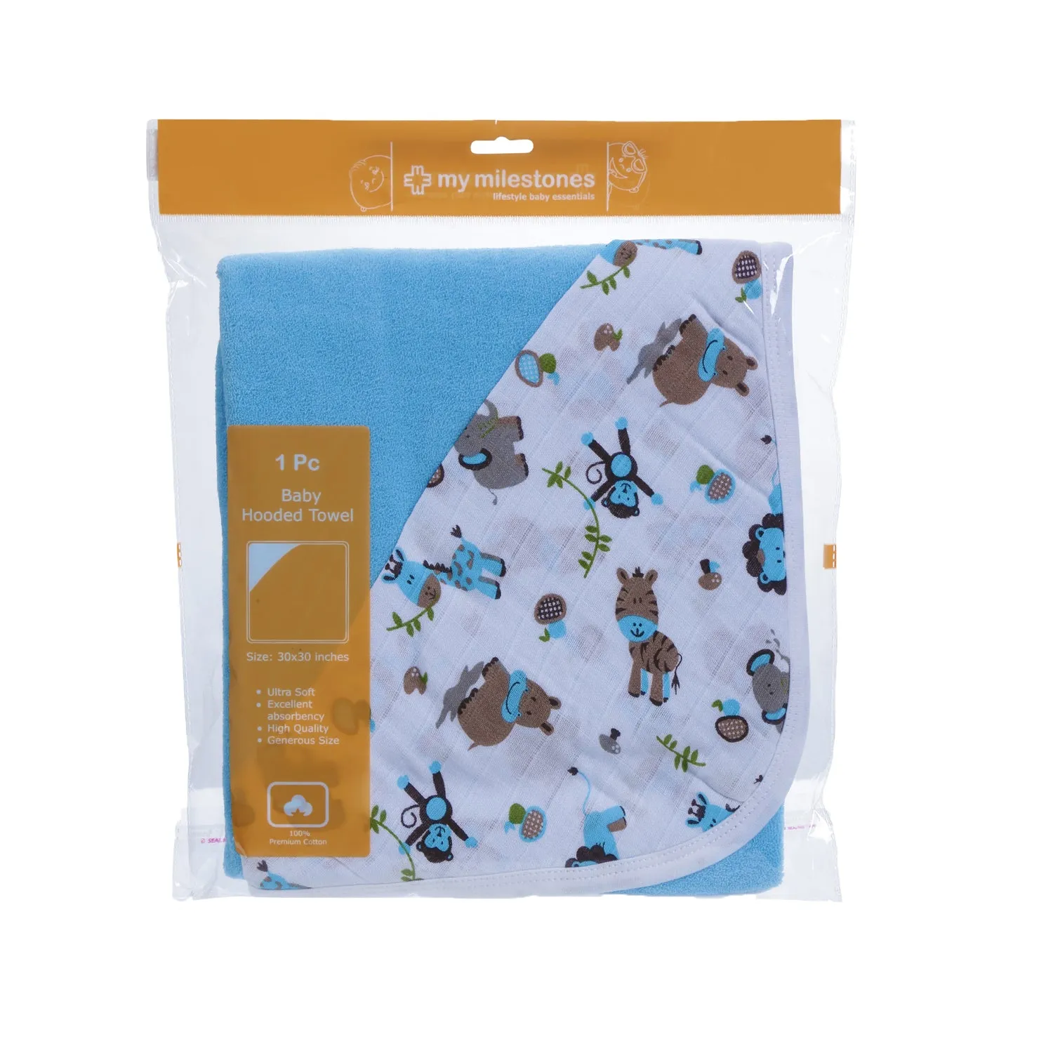 Baby Hooded Towel - Muslin Hood - Blue Solid