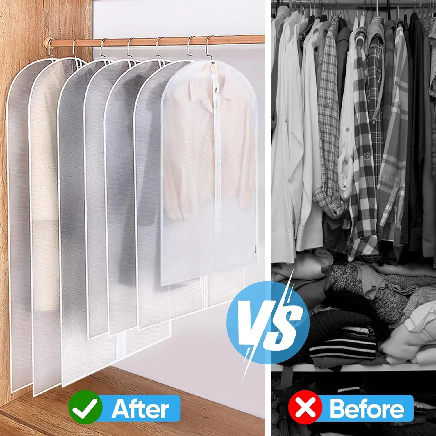 BALEINE 60'' Translucent Garment Bags, 6 Packs PEVA Dress Bag for Closet Clothes Dresses Suit Coats Storage (White, 6PK)