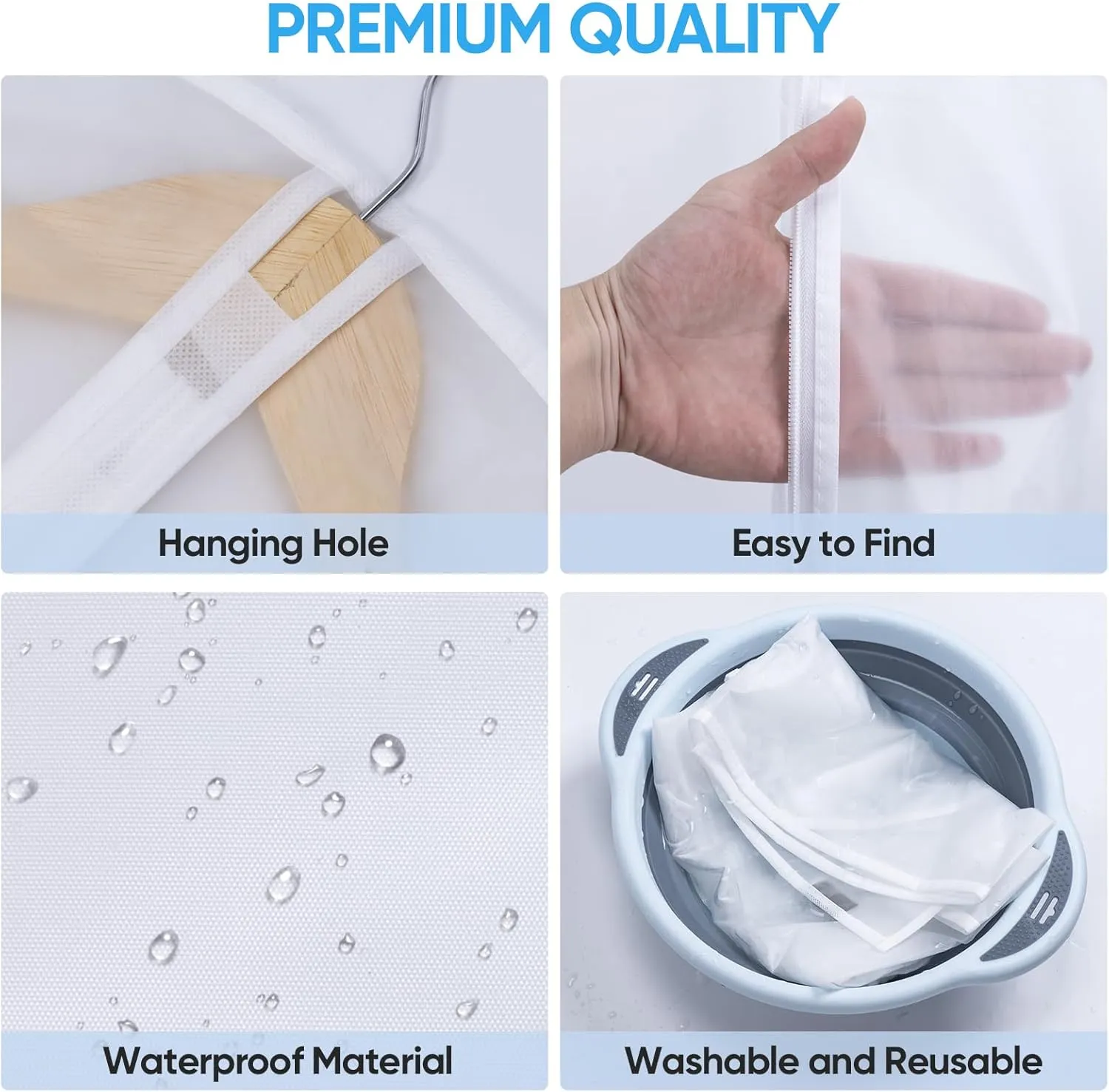 BALEINE 60'' Translucent Garment Bags, 6 Packs PEVA Dress Bag for Closet Clothes Dresses Suit Coats Storage (White, 6PK)