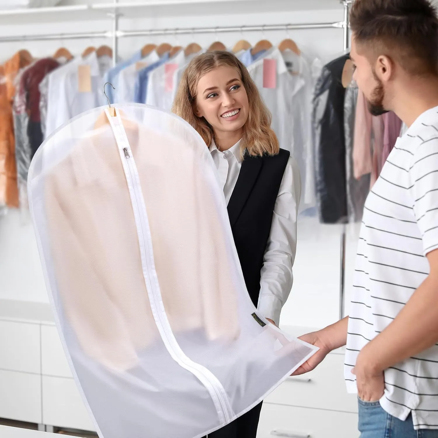 BALEINE 60'' Translucent Garment Bags, 6 Packs PEVA Dress Bag for Closet Clothes Dresses Suit Coats Storage (White, 6PK)