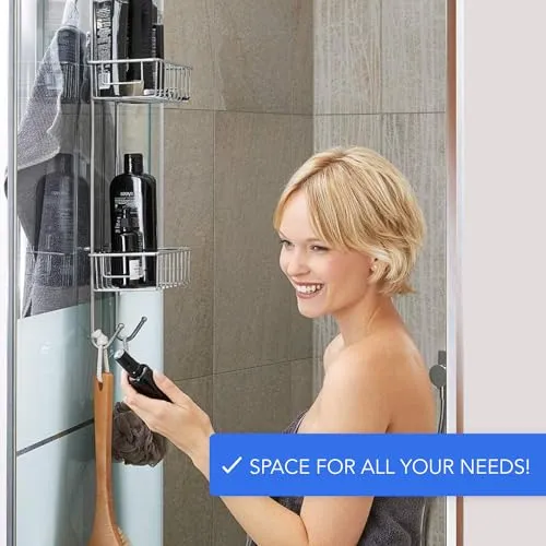Bamodi Shower Caddy Hanging - 2 Tier Over Door Chrome Plated - No Drilling Required - Fits Shower Screens up to 0.78 inches - Hangable Shower Rack with 2 Towel Hooks (27.5 x 7.5 x 7.3 INCHES)