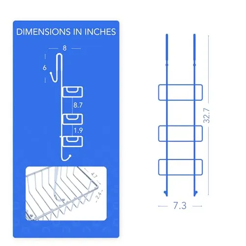 Bamodi Shower Caddy Hanging - 2 Tier Over Door Chrome Plated - No Drilling Required - Fits Shower Screens up to 0.78 inches - Hangable Shower Rack with 2 Towel Hooks (27.5 x 7.5 x 7.3 INCHES)