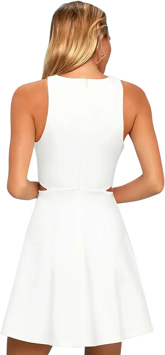 BELONGSCI Women 2025 Sweet and Cute Sleeveless Racerback Flared Swing A-Line Waist Hollow Out Summer Short Dress