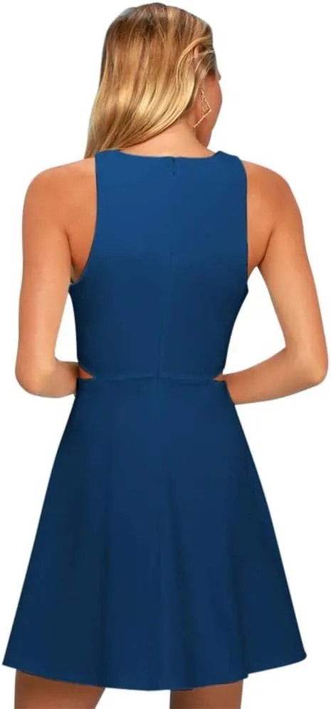 BELONGSCI Women 2025 Sweet and Cute Sleeveless Racerback Flared Swing A-Line Waist Hollow Out Summer Short Dress