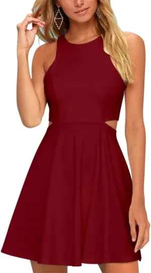 BELONGSCI Women 2025 Sweet and Cute Sleeveless Racerback Flared Swing A-Line Waist Hollow Out Summer Short Dress