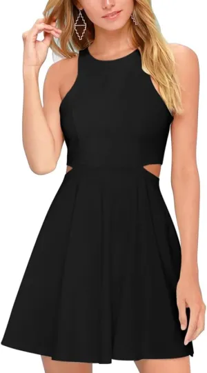 BELONGSCI Women 2025 Sweet and Cute Sleeveless Racerback Flared Swing A-Line Waist Hollow Out Summer Short Dress
