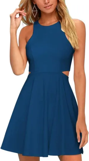 BELONGSCI Women 2025 Sweet and Cute Sleeveless Racerback Flared Swing A-Line Waist Hollow Out Summer Short Dress