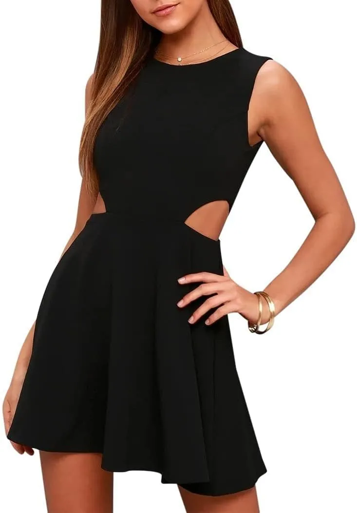 BELONGSCI Women 2025 Sweet and Cute Sleeveless Racerback Flared Swing A-Line Waist Hollow Out Summer Short Dress