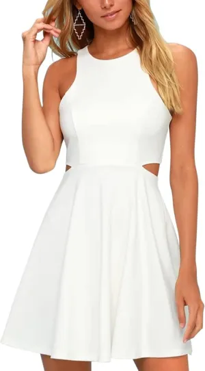 BELONGSCI Women 2025 Sweet and Cute Sleeveless Racerback Flared Swing A-Line Waist Hollow Out Summer Short Dress