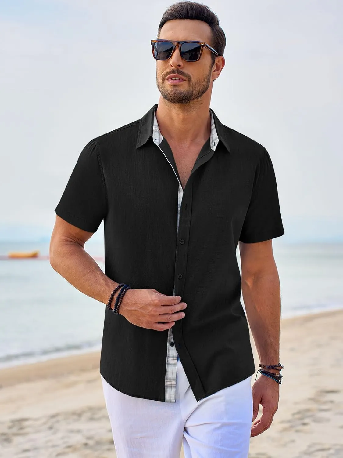 Beotyshow Mens Button Down Shirts Short Sleeve Casual Summer Beach Shirt Tops M-3XL