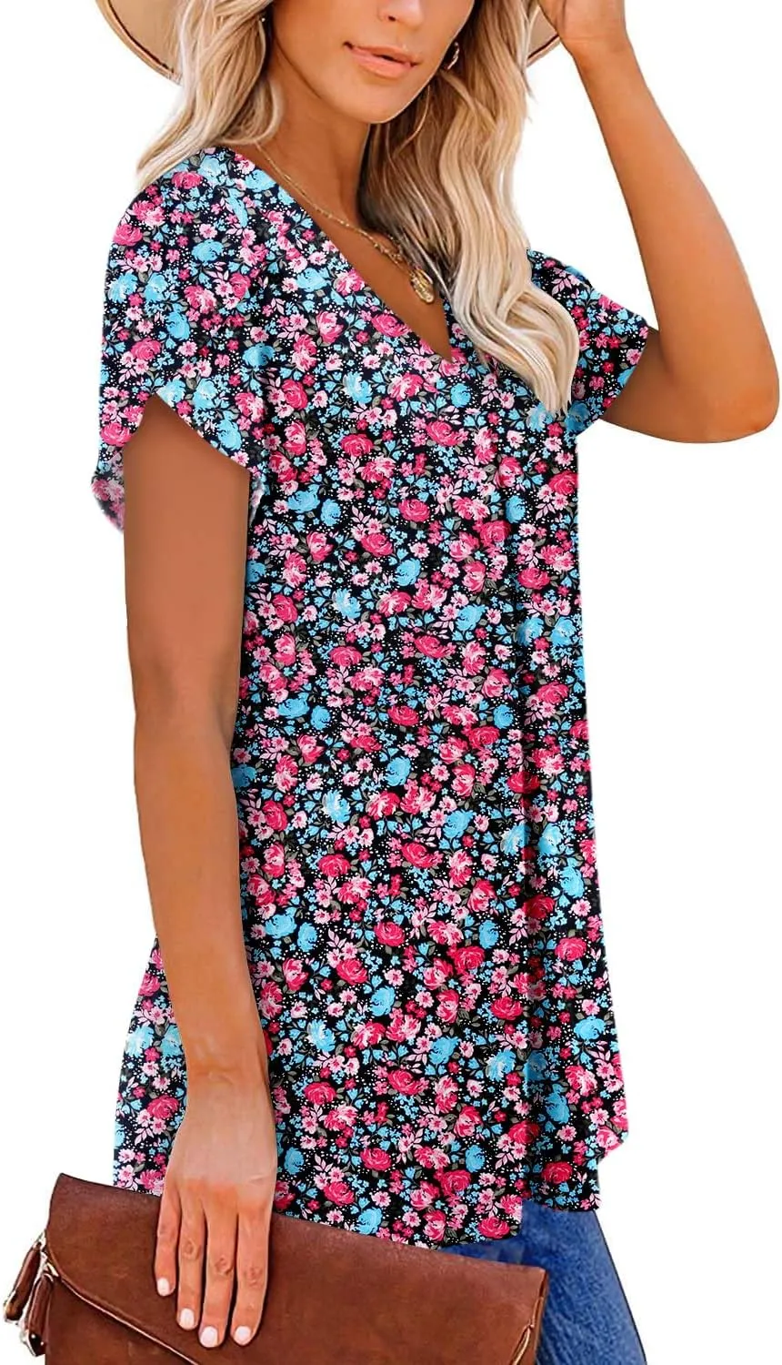 BETTE BOUTIK Womens V Neck Short Sleeve Summer Tops Button Down Pleated Tunic Tops Shirts S-3XL