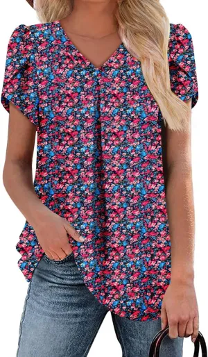 BETTE BOUTIK Womens V Neck Short Sleeve Summer Tops Button Down Pleated Tunic Tops Shirts S-3XL
