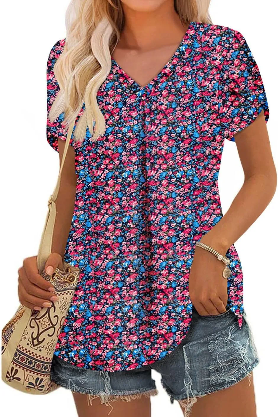 BETTE BOUTIK Womens V Neck Short Sleeve Summer Tops Button Down Pleated Tunic Tops Shirts S-3XL