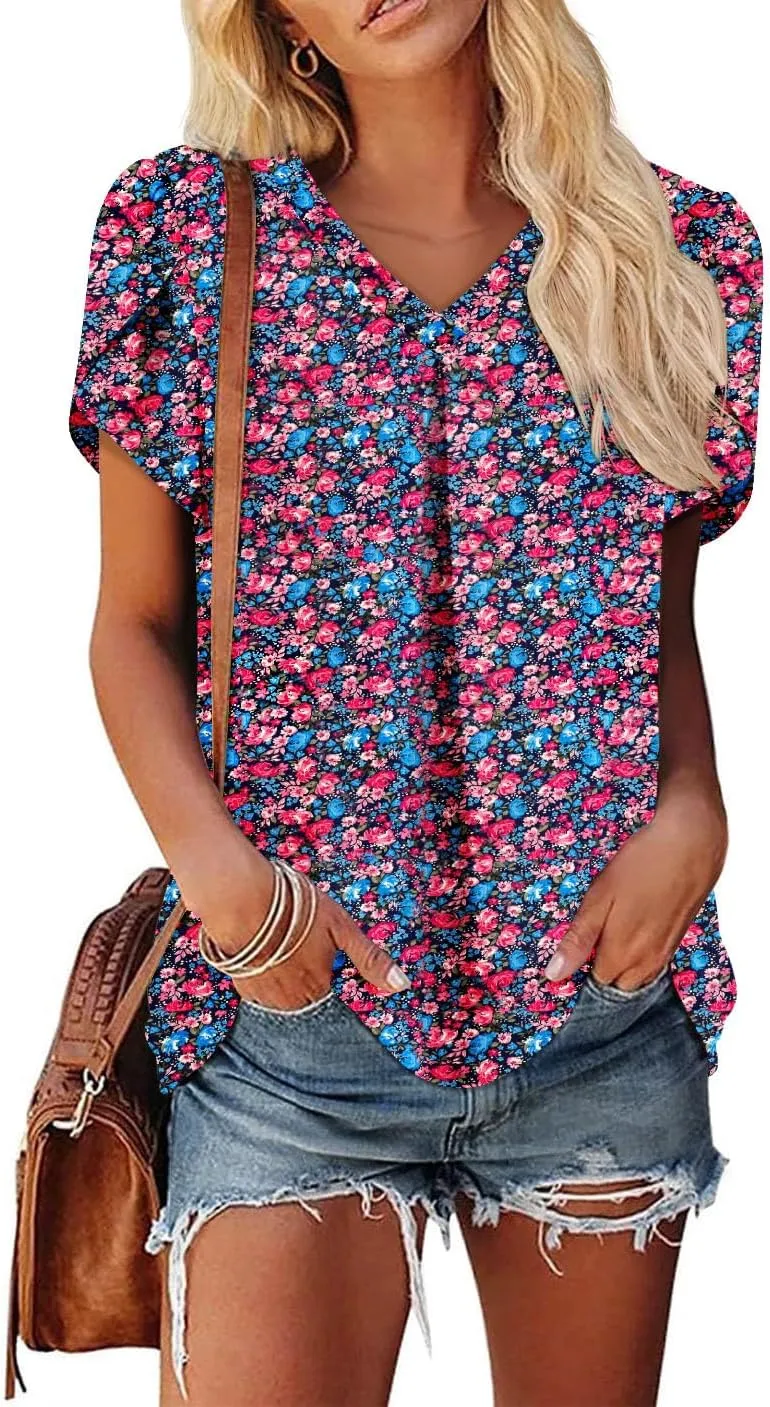 BETTE BOUTIK Womens V Neck Short Sleeve Summer Tops Button Down Pleated Tunic Tops Shirts S-3XL