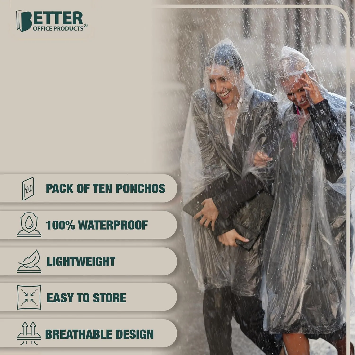 Better Office Products Disposable Clear Rain Ponchos with Hood for Adults, Emergency Ponchos, Lightweight, Non-Toxic