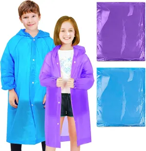 BFONS 2-3 Pack Rain Ponchos for Kids Reusable, EVA Raincoats for Boys Girls with Hood and Sleeves, Waterproof Rain Coat