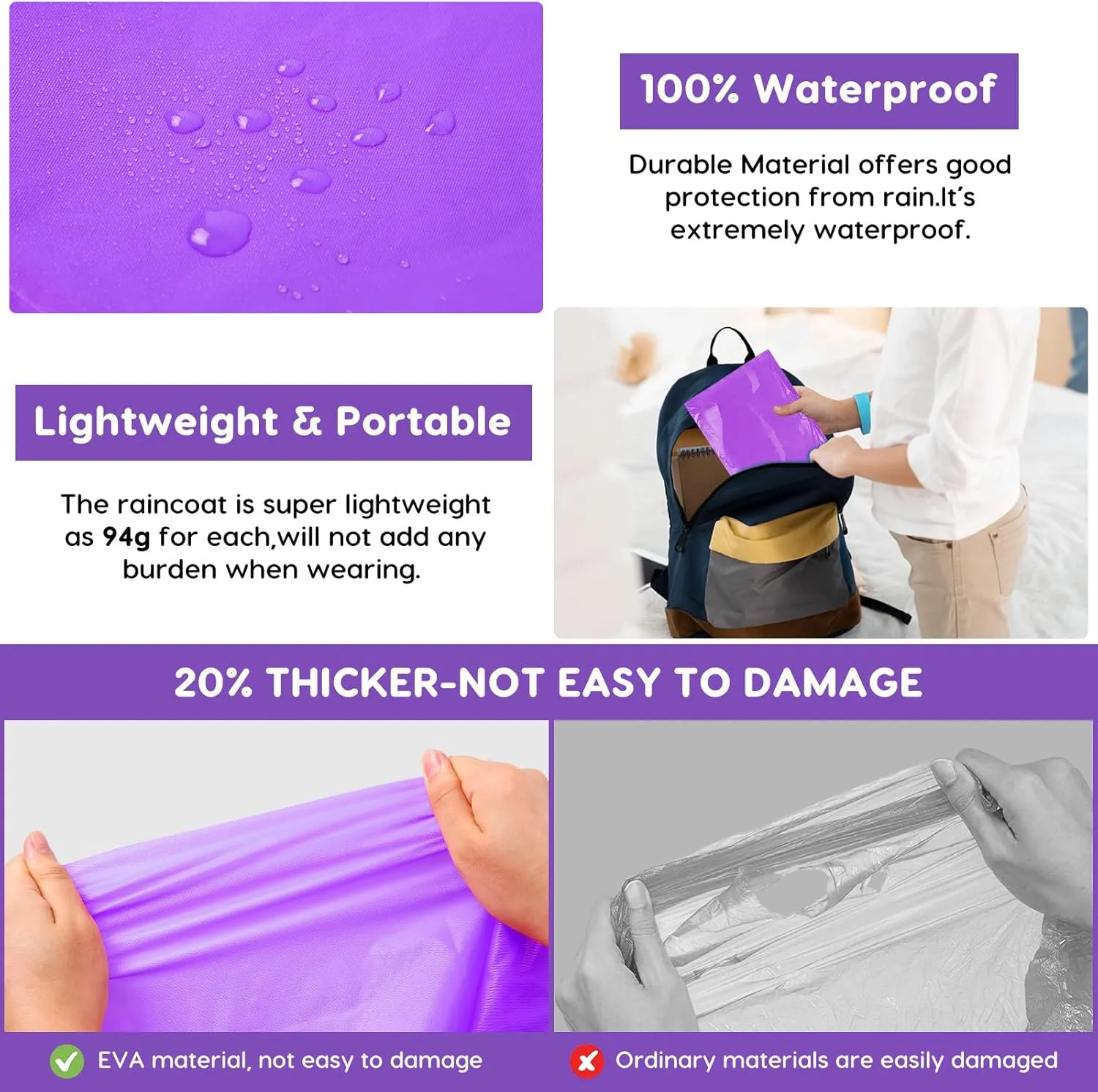 BFONS 2-3 Pack Rain Ponchos for Kids Reusable, EVA Raincoats for Boys Girls with Hood and Sleeves, Waterproof Rain Coat