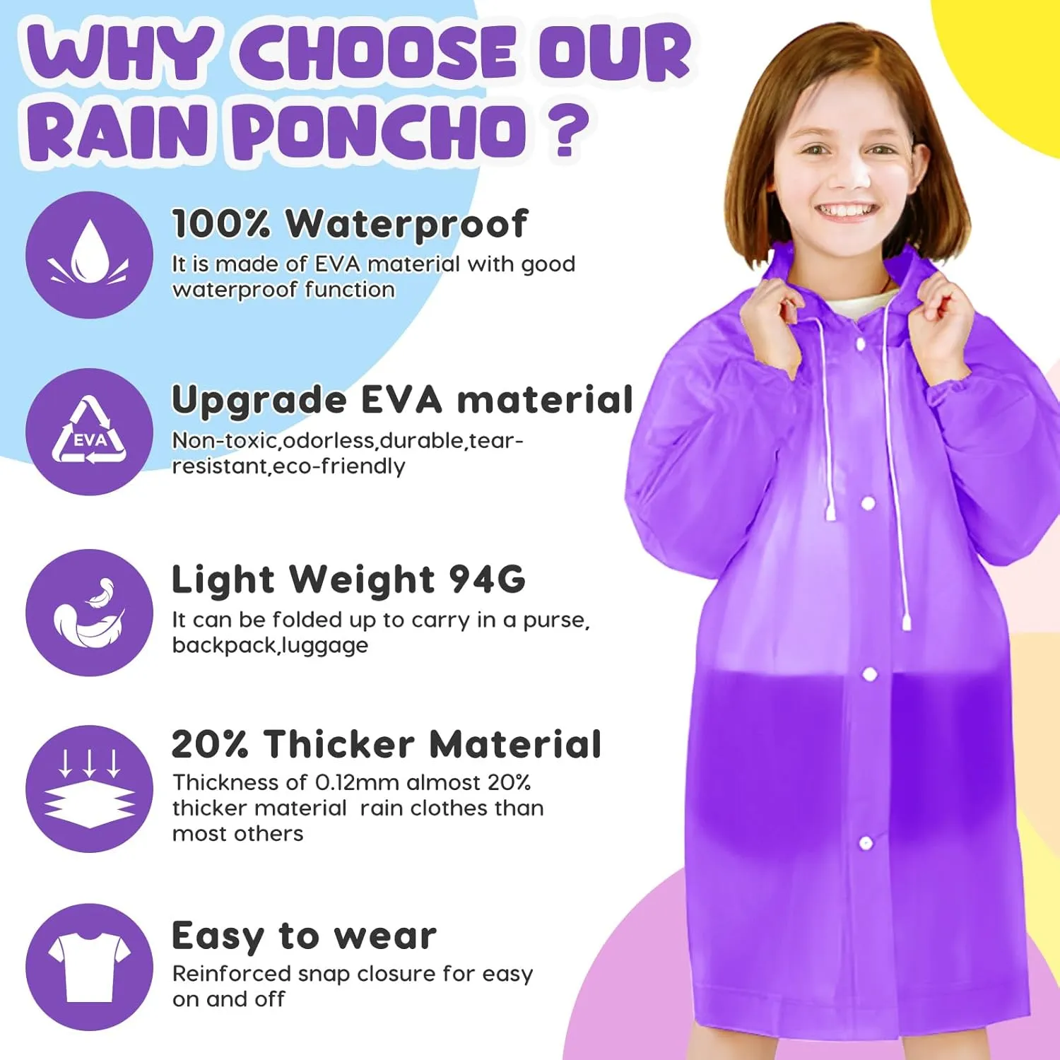 BFONS 2-3 Pack Rain Ponchos for Kids Reusable, EVA Raincoats for Boys Girls with Hood and Sleeves, Waterproof Rain Coat