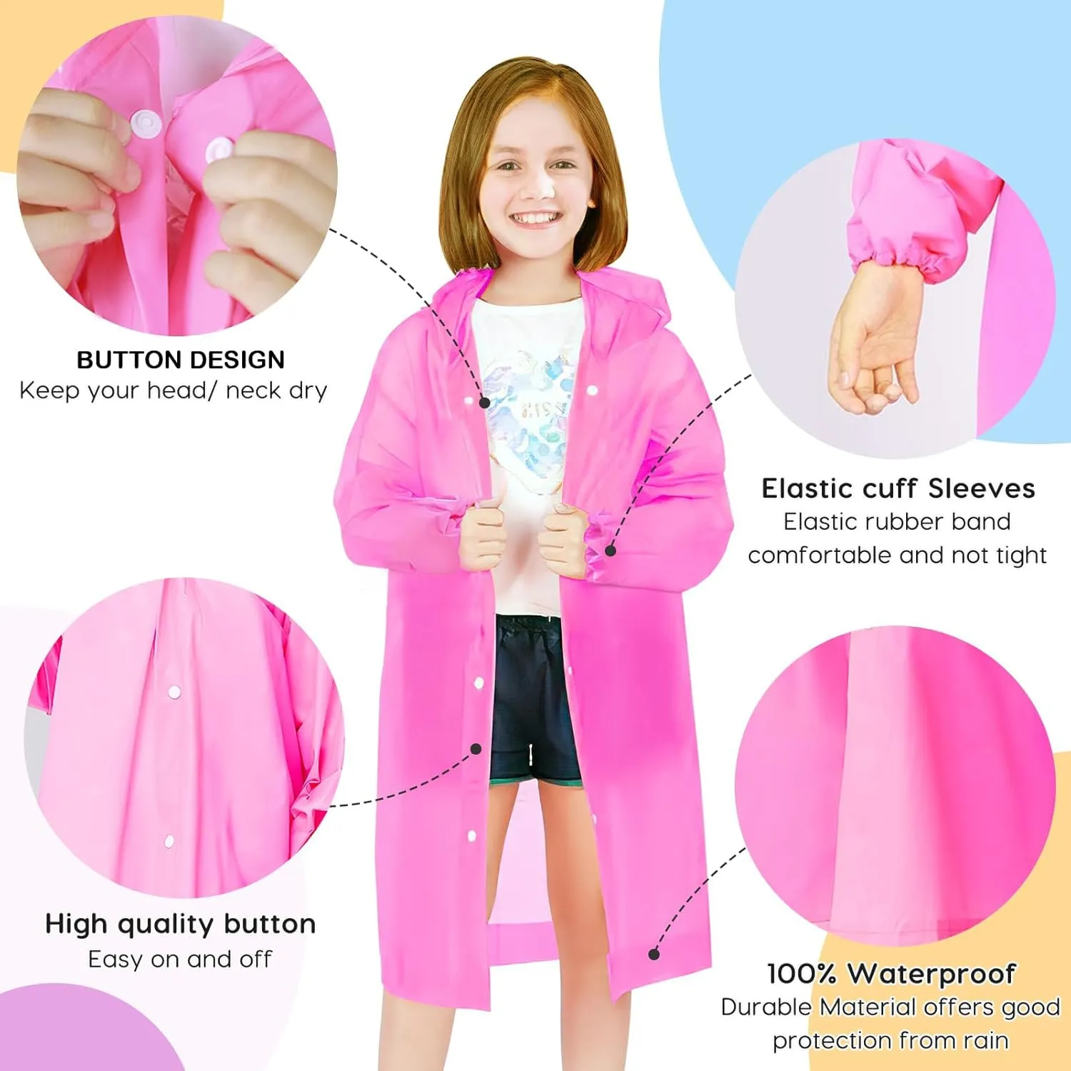 BFONS 2-3 Pack Rain Ponchos for Kids Reusable, EVA Raincoats for Boys Girls with Hood and Sleeves, Waterproof Rain Coat