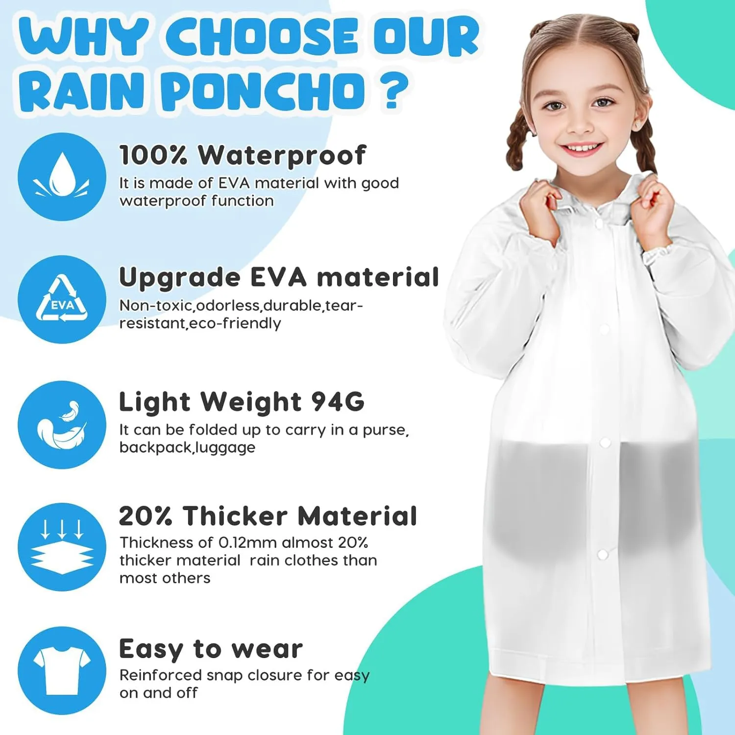 BFONS 2-3 Pack Rain Ponchos for Kids Reusable, EVA Raincoats for Boys Girls with Hood and Sleeves, Waterproof Rain Coat