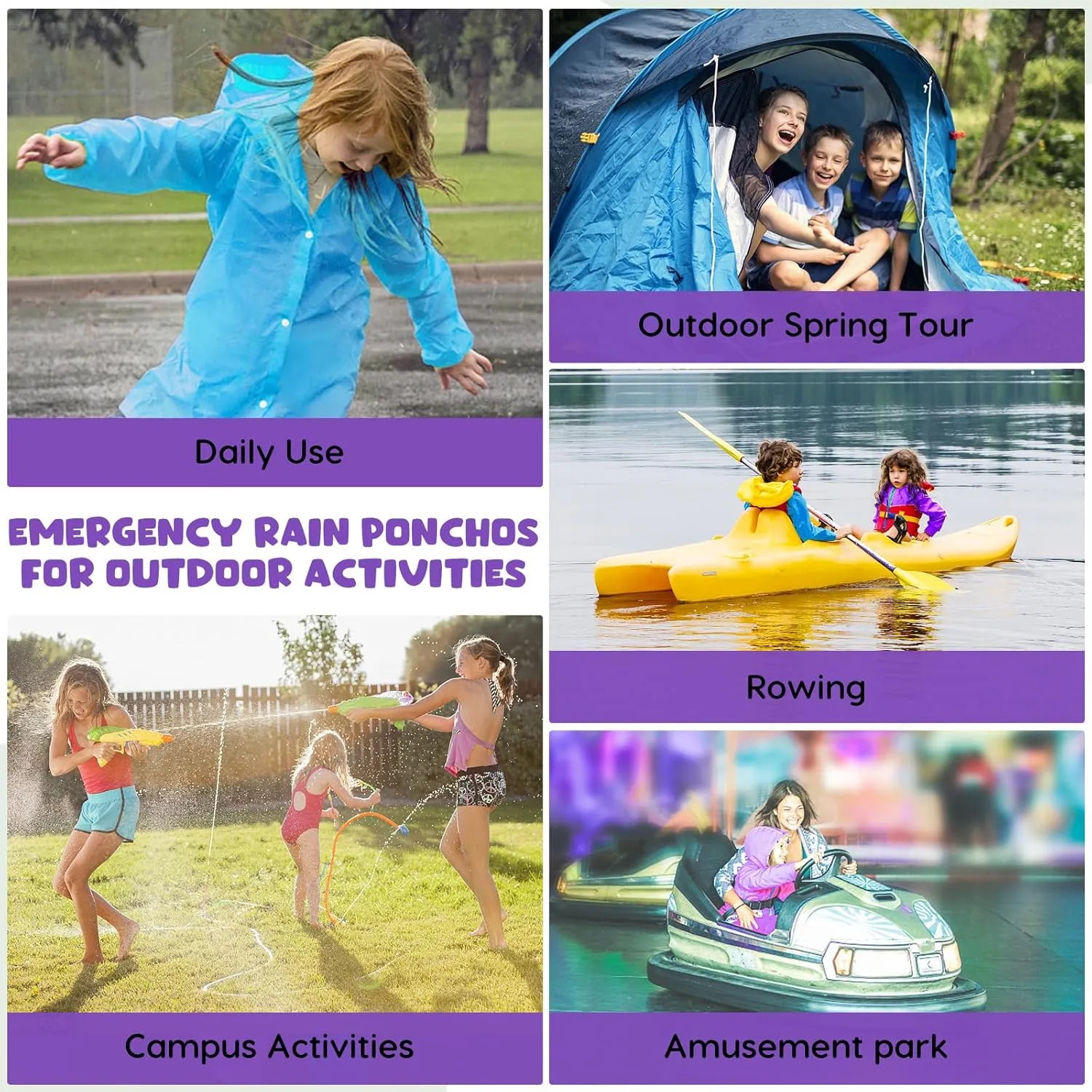 BFONS 2-3 Pack Rain Ponchos for Kids Reusable, EVA Raincoats for Boys Girls with Hood and Sleeves, Waterproof Rain Coat