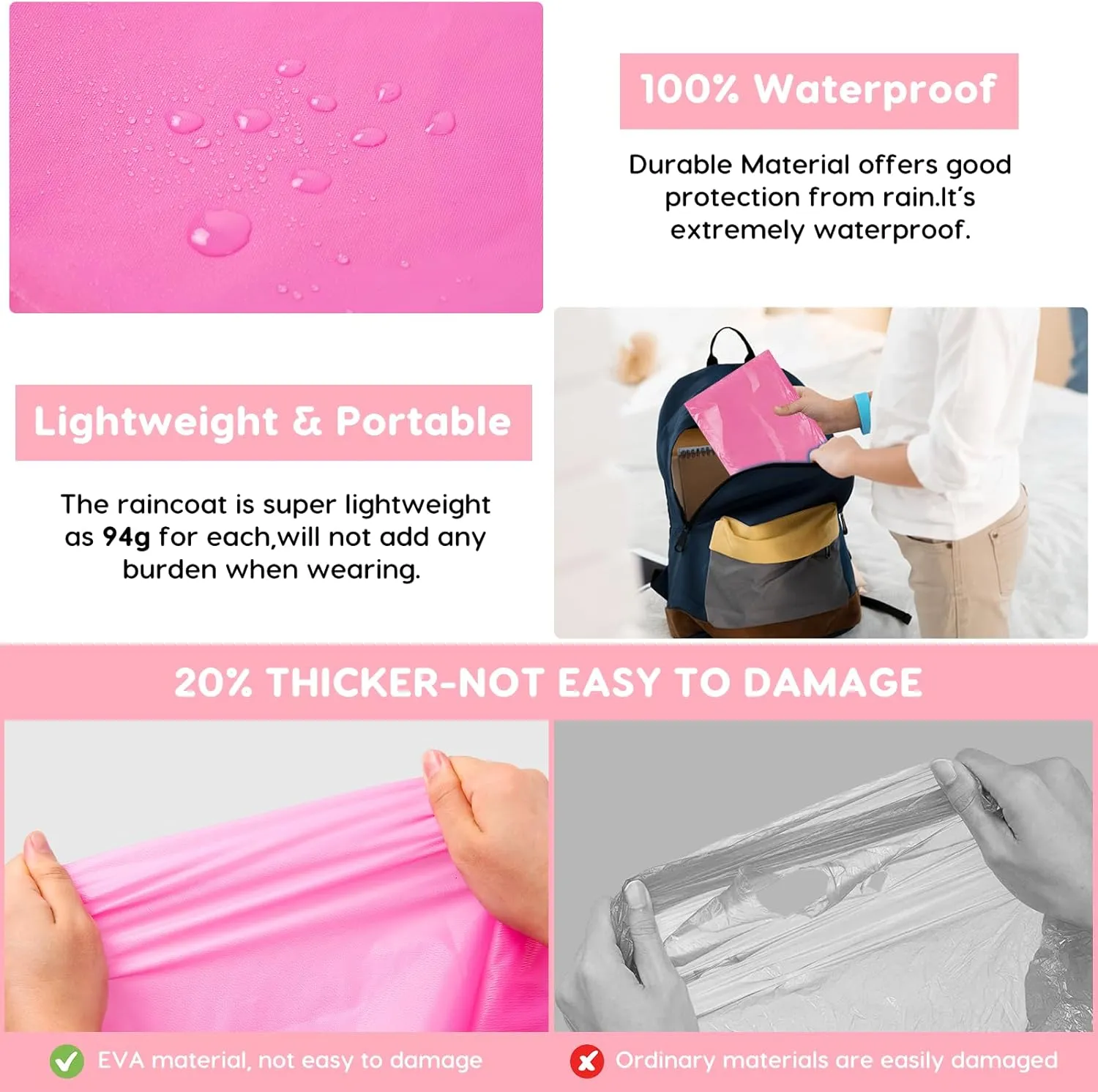 BFONS 2-3 Pack Rain Ponchos for Kids Reusable, EVA Raincoats for Boys Girls with Hood and Sleeves, Waterproof Rain Coat