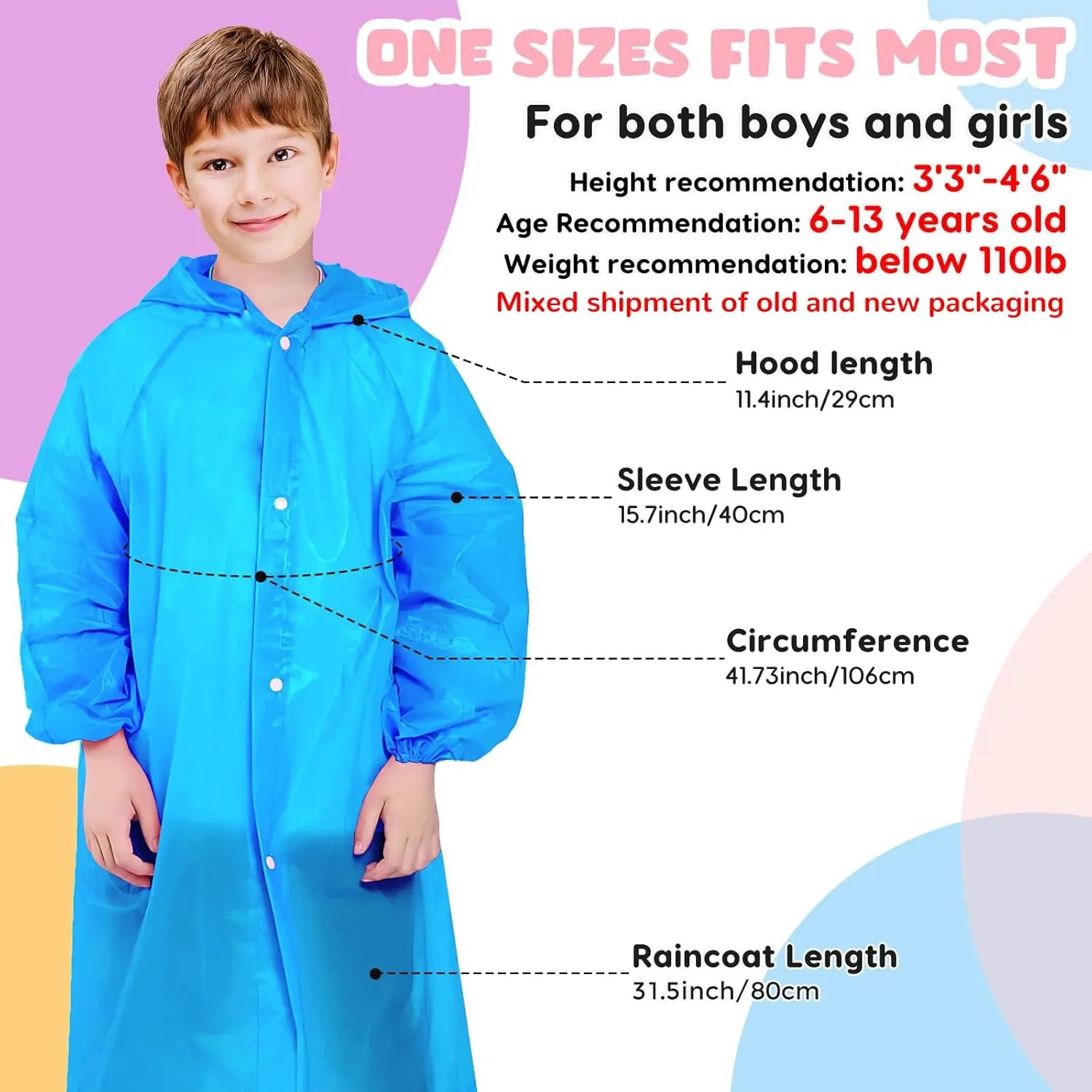 BFONS 2-3 Pack Rain Ponchos for Kids Reusable, EVA Raincoats for Boys Girls with Hood and Sleeves, Waterproof Rain Coat