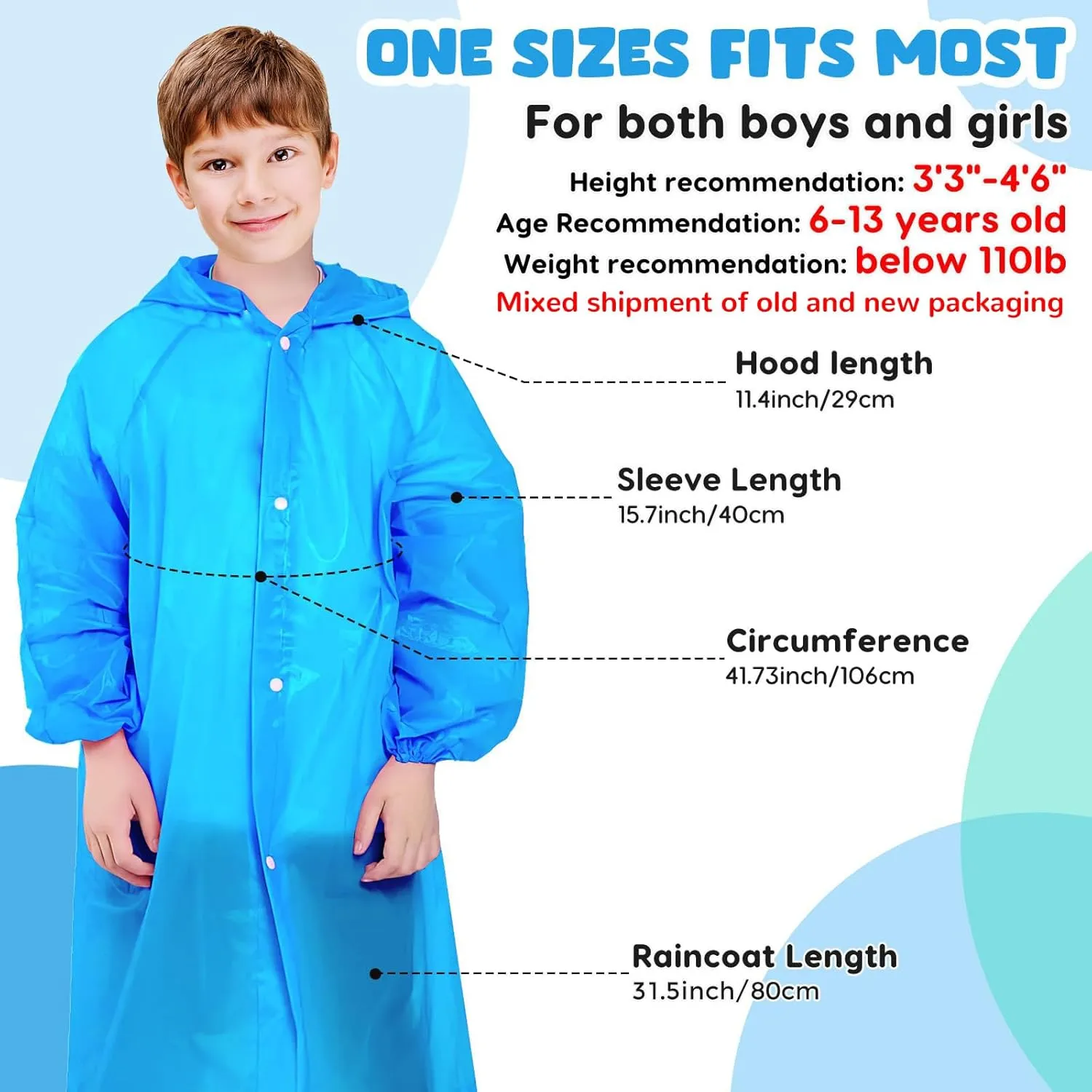 BFONS 2-3 Pack Rain Ponchos for Kids Reusable, EVA Raincoats for Boys Girls with Hood and Sleeves, Waterproof Rain Coat