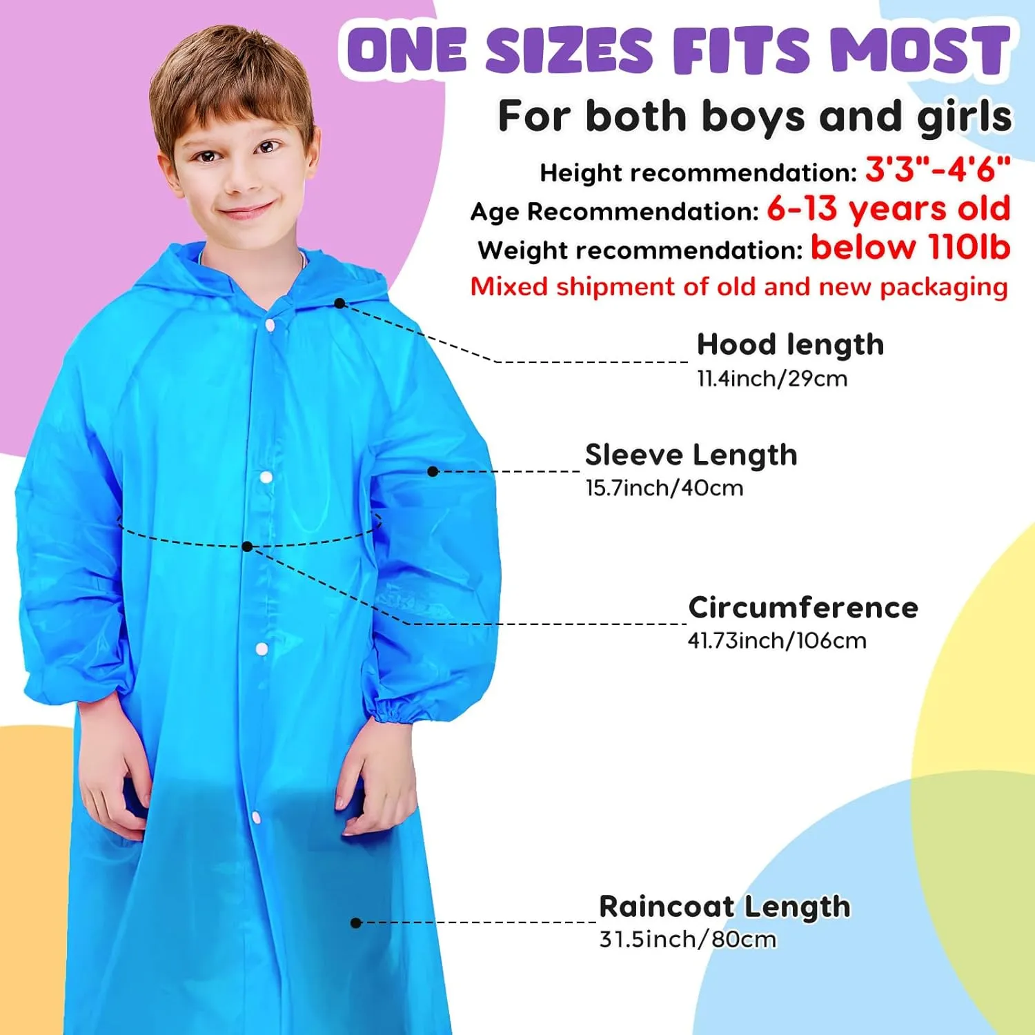BFONS 2-3 Pack Rain Ponchos for Kids Reusable, EVA Raincoats for Boys Girls with Hood and Sleeves, Waterproof Rain Coat