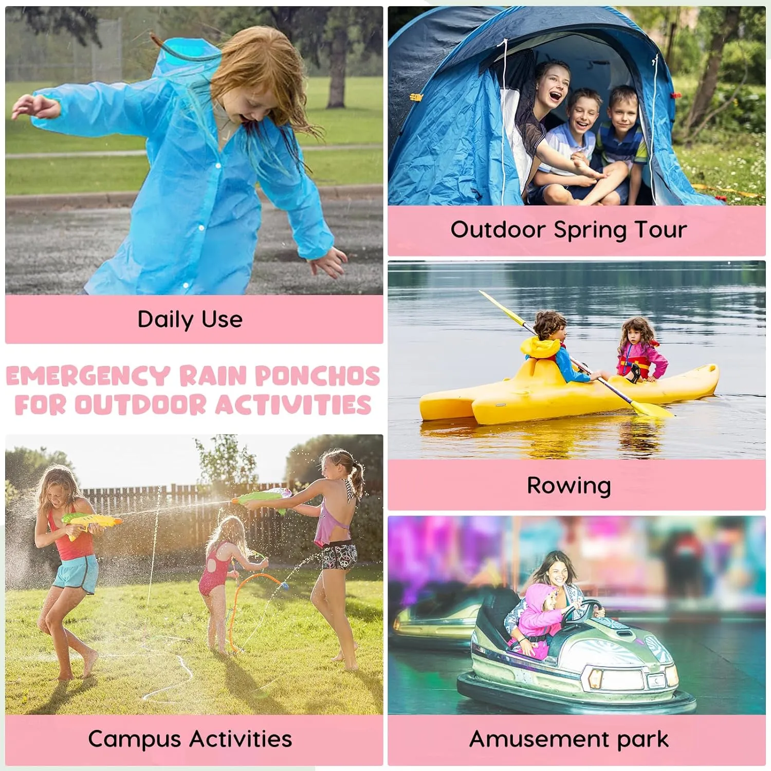 BFONS 2-3 Pack Rain Ponchos for Kids Reusable, EVA Raincoats for Boys Girls with Hood and Sleeves, Waterproof Rain Coat