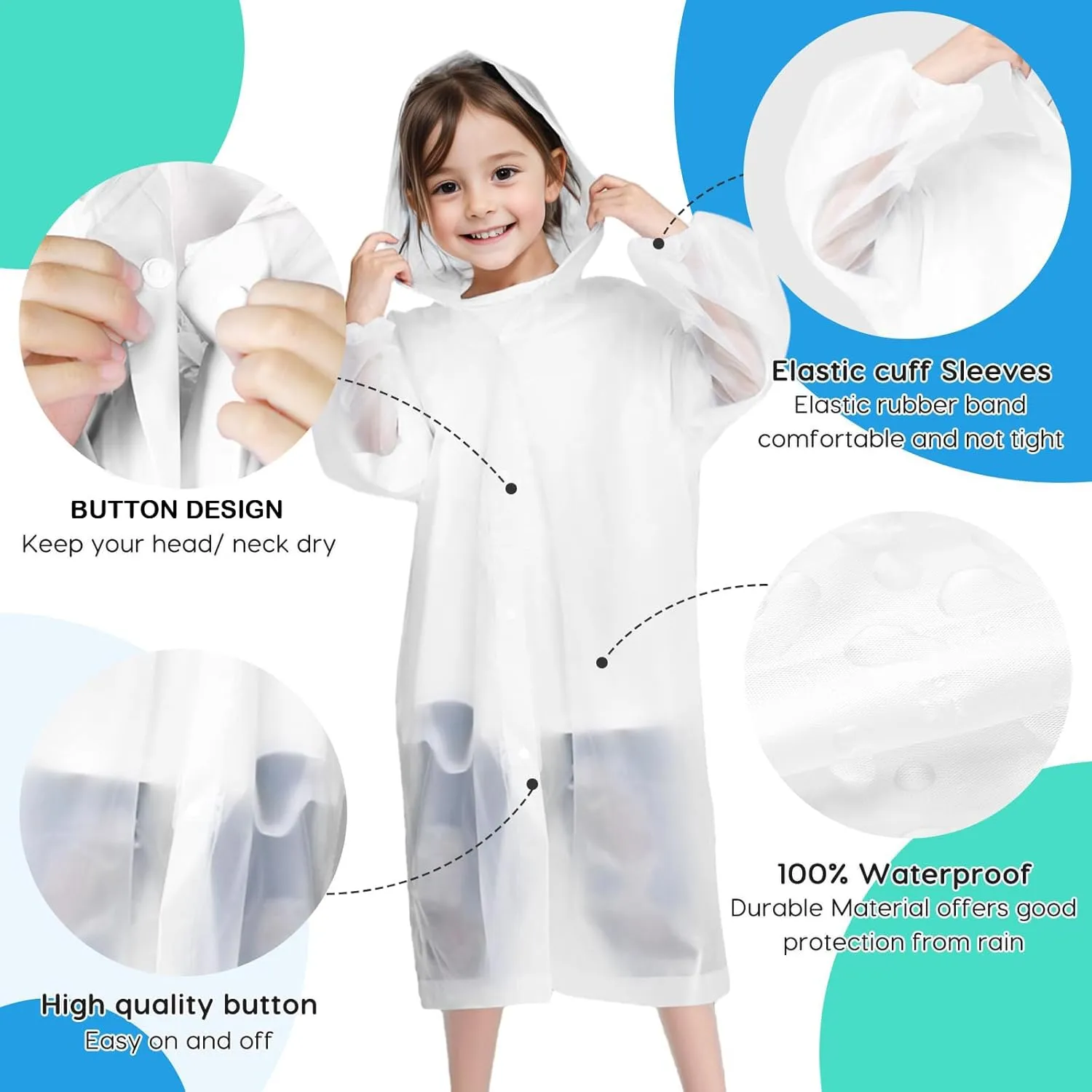 BFONS 2-3 Pack Rain Ponchos for Kids Reusable, EVA Raincoats for Boys Girls with Hood and Sleeves, Waterproof Rain Coat