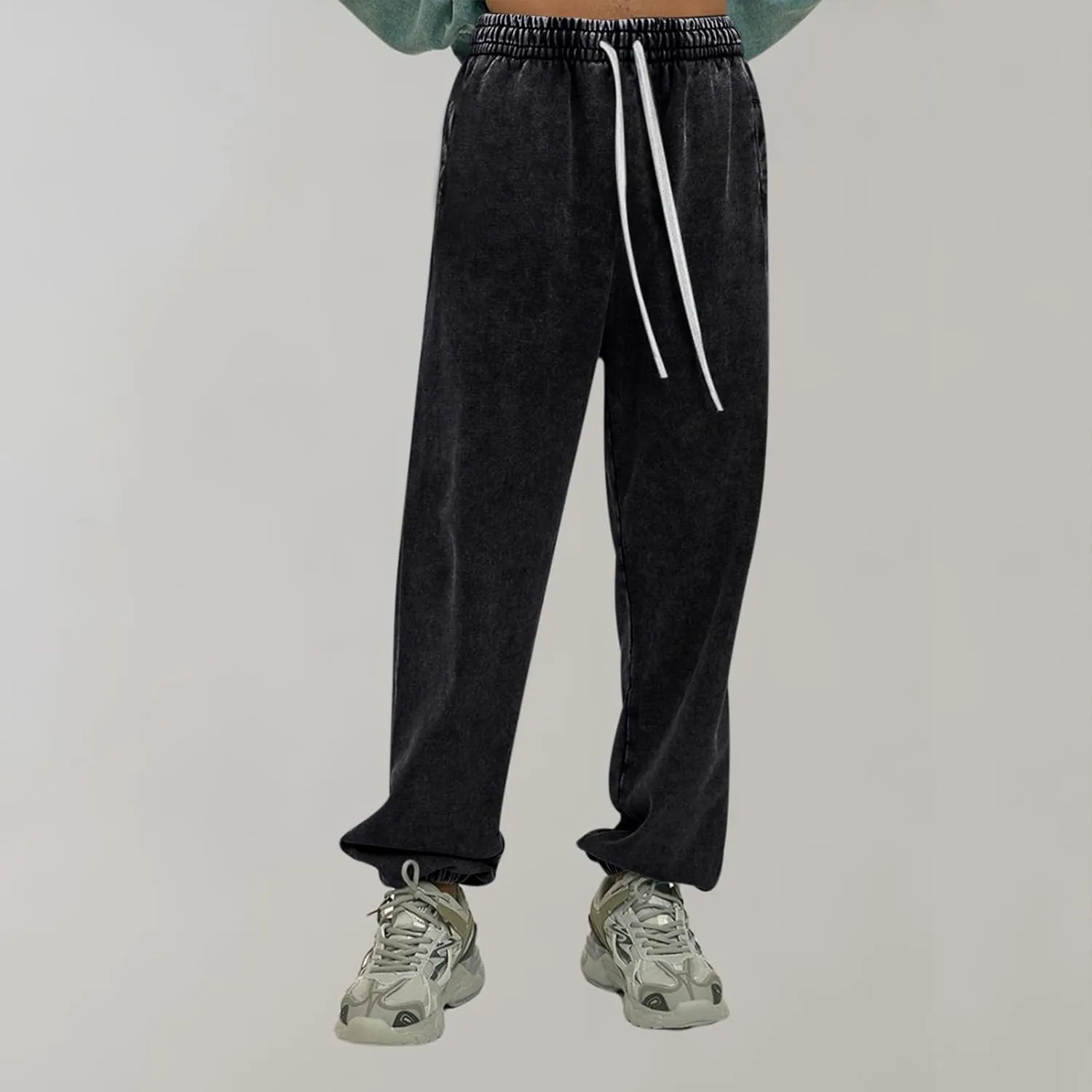 BINTEHGS Baggy Wide Leg Acid Wash Sweatpants Women Vintage Loose Pants High Waisted Joggers with Pockets Casual Streetwear