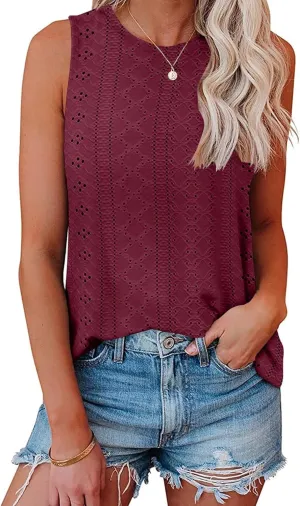 Bliwov Womens Summer Tank Tops Eyelet Embroidery Shirts Sleeveless Casual Beach Vacation Clothes Scoop Neck Basic Top