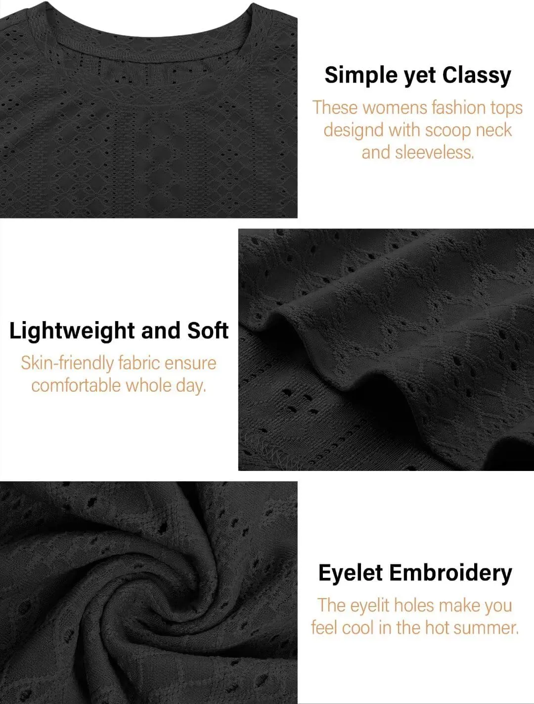 Bliwov Womens Summer Tank Tops Eyelet Embroidery Shirts Sleeveless Casual Beach Vacation Clothes Scoop Neck Basic Top
