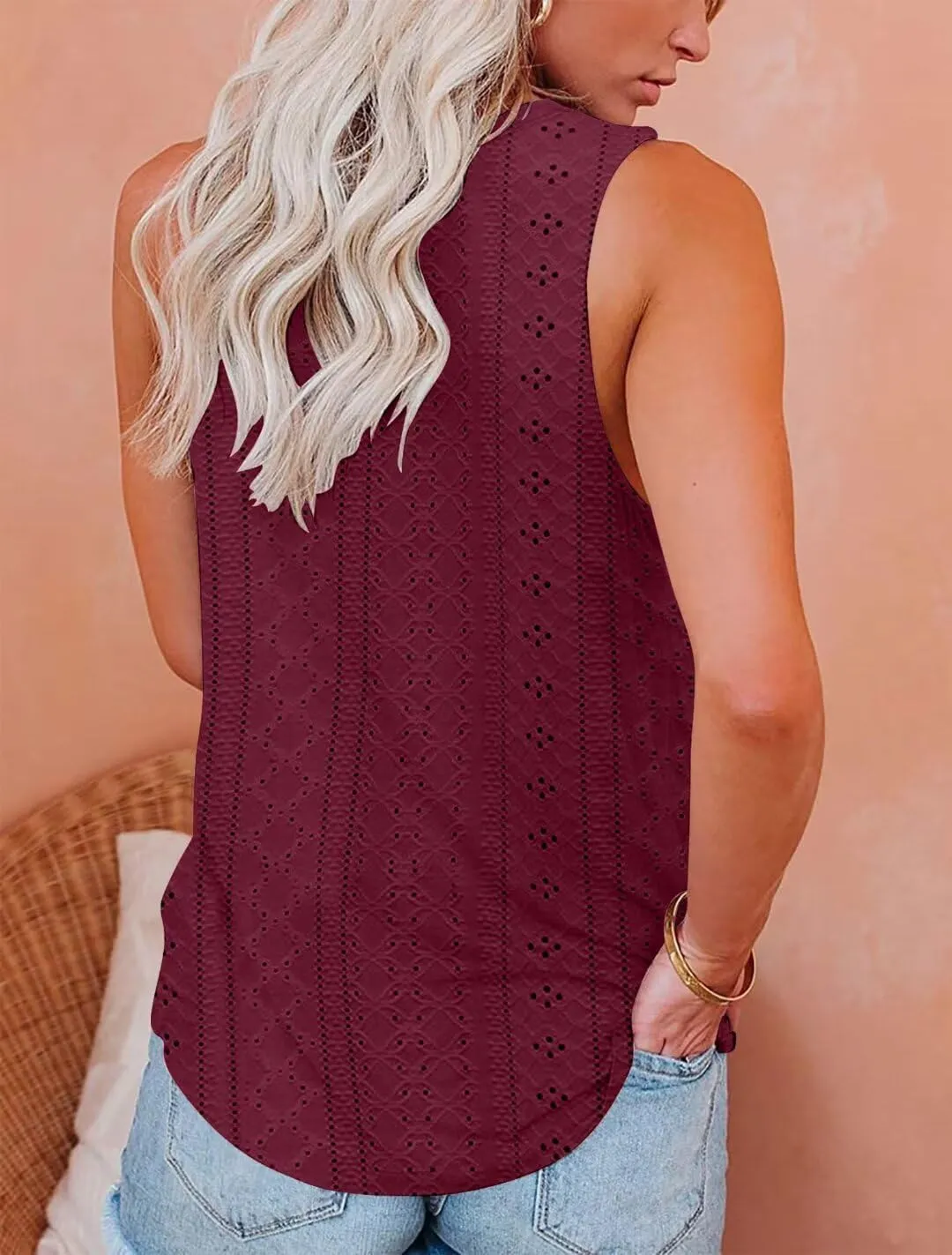 Bliwov Womens Summer Tank Tops Eyelet Embroidery Shirts Sleeveless Casual Beach Vacation Clothes Scoop Neck Basic Top