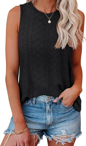 Bliwov Womens Summer Tank Tops Eyelet Embroidery Shirts Sleeveless Casual Beach Vacation Clothes Scoop Neck Basic Top