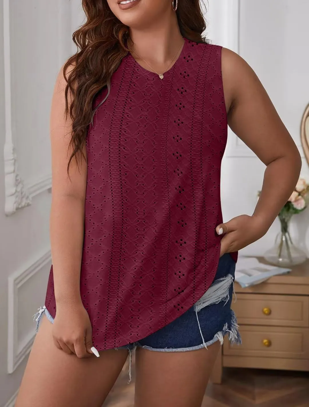 Bliwov Womens Summer Tank Tops Eyelet Embroidery Shirts Sleeveless Casual Beach Vacation Clothes Scoop Neck Basic Top