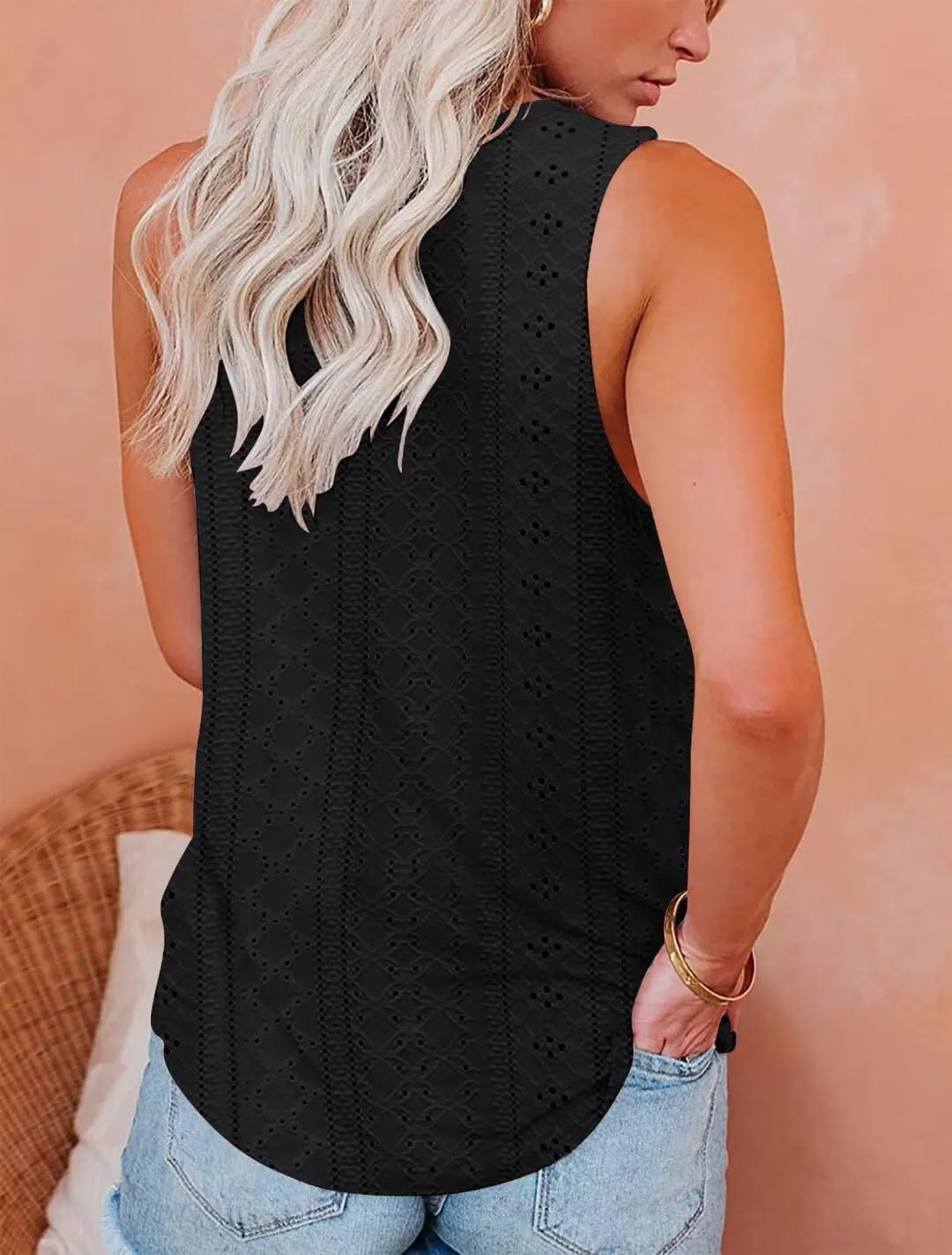 Bliwov Womens Summer Tank Tops Eyelet Embroidery Shirts Sleeveless Casual Beach Vacation Clothes Scoop Neck Basic Top