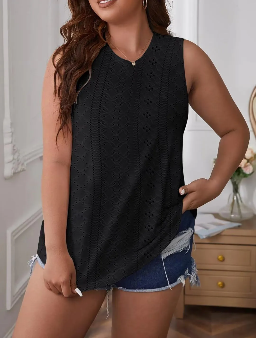 Bliwov Womens Summer Tank Tops Eyelet Embroidery Shirts Sleeveless Casual Beach Vacation Clothes Scoop Neck Basic Top
