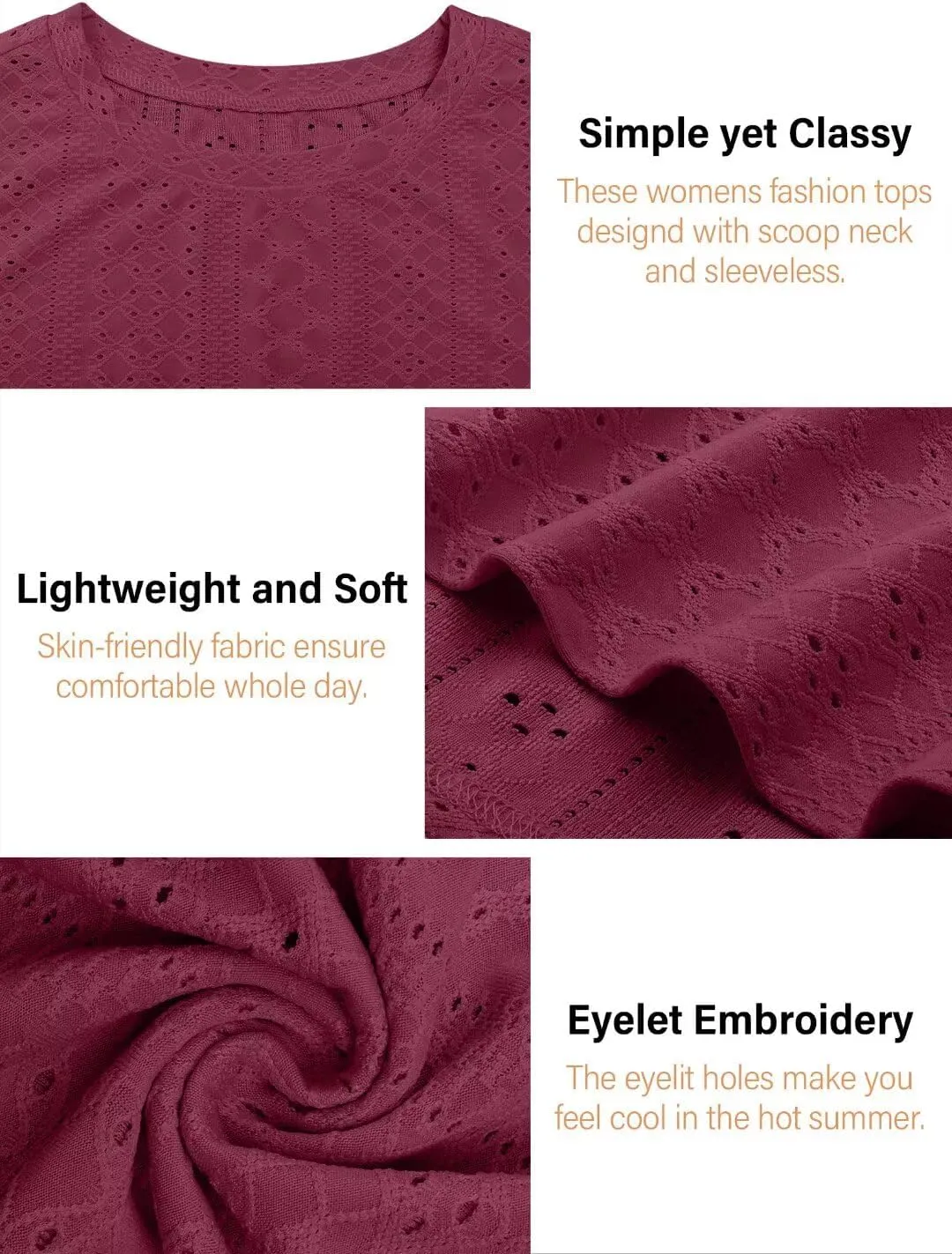 Bliwov Womens Summer Tank Tops Eyelet Embroidery Shirts Sleeveless Casual Beach Vacation Clothes Scoop Neck Basic Top
