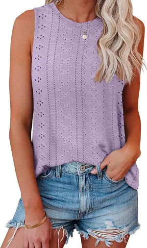 Bliwov Womens Summer Tank Tops Eyelet Embroidery Shirts Sleeveless Casual Beach Vacation Clothes Scoop Neck Basic Top