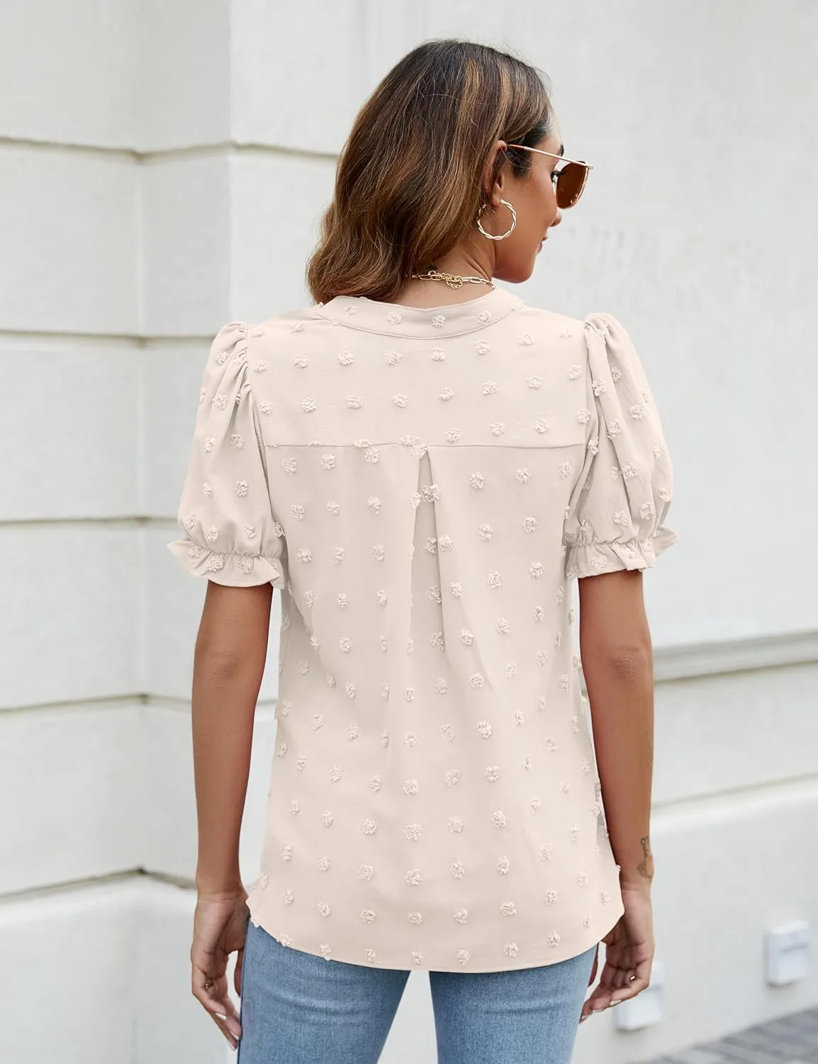 Blooming Jelly Women's Puff Sleeve Casual Tops Fashion White Polka Dot Blouses Dressy Ladies Summer Tops